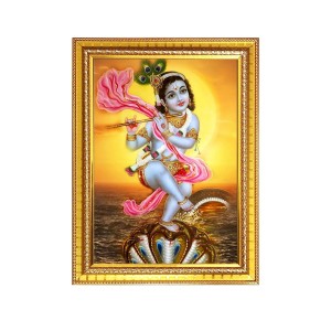 Bal Krishna Dancing On Kaliya Naag Photo Frame - 10x14 Inches, Brown Wooden Frame for Home, Office & Temple Decoration