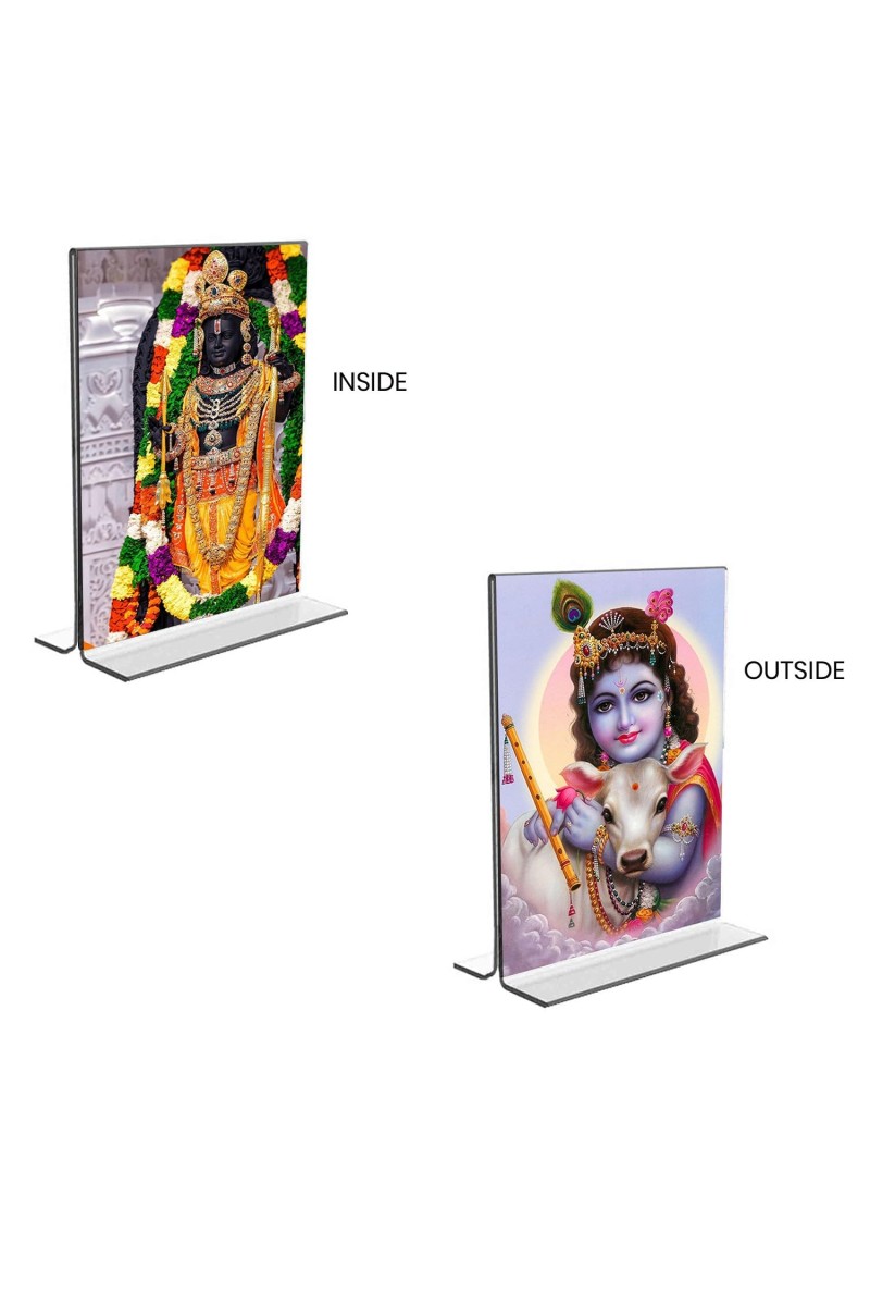 Lord Ram Lalla & Sri Krishna Acrylic T-Style Photo Stand, Compact and Stylish Spiritual Display, easily change 2 photos (Pack of 1)