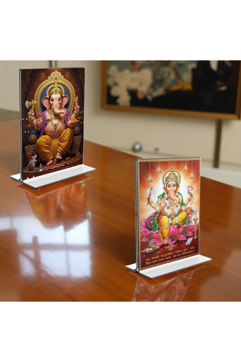 Lord Ganesh Acrylic T-Style Photo Stand, Compact and Stylish Spiritual Display, easily change 2 photos (Pack of 1)