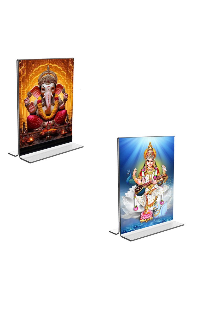 Car Desk/Table Top Sri Ganesh & Maa Saraswati Acrylic T-Style Photo Stand - 2.5x3.5 Inches, Compact and Stylish Spiritual Display, easily change 2 photos (Pack of 1)