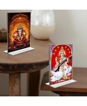 Sri Ganesh & Debi Saraswati Acrylic T-Style Photo Stand - 9x11 Inches, Compact and Stylish Spiritual Display, easily change 2 photos (Pack of 1)