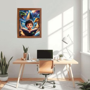 AI Funny Kid with Dinosaur Art Picture for Kids - 10x14 inches, Brown Color - Perfect Wall Decor for Children's Room