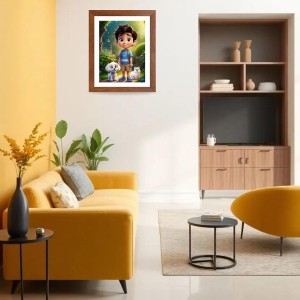 AI Funny Boy With Cute Dog Art Picture for Kids - 10x14 inches, Brown Color - Perfect Wall Decor for Children's Room