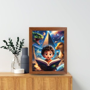 AI Funny Kid with Dinosaur Art Picture for Kids - 10x14 inches, Brown Color - Perfect Wall Decor for Children's Room