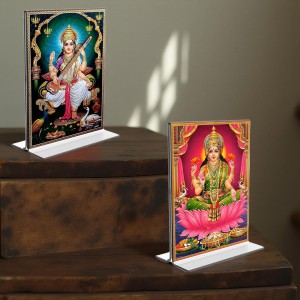 Car Desk/Table Top Maa Saraswati & Maa Lakhsmi Acrylic T-Style Photo Stand - 2.5x3.5 Inches, Compact and Stylish Spiritual Display, easily change 2 photos (Pack of 1) Car Desk/Table Top Maa Saraswati & Maa Lakhsmi Acrylic T-Style Photo Stand - 2.5x3.5 Inches, Compact and Stylish Spiritual Display, easily change 2 photos (Pack of 1)