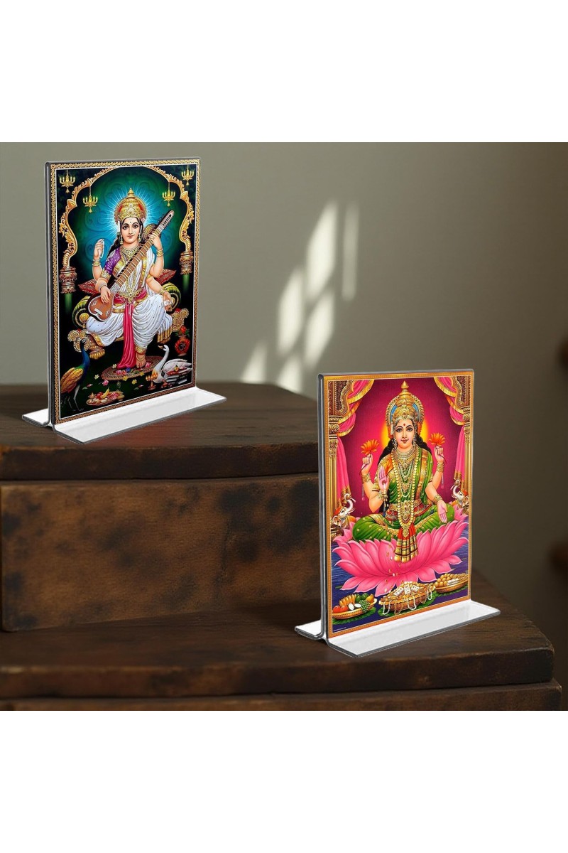 Debi Saraswati & Debi Lakhsmi Acrylic T-Style Photo Stand - 11x13 Inches, Compact and Stylish Spiritual Display, easily change 2 photos (Pack of 1)