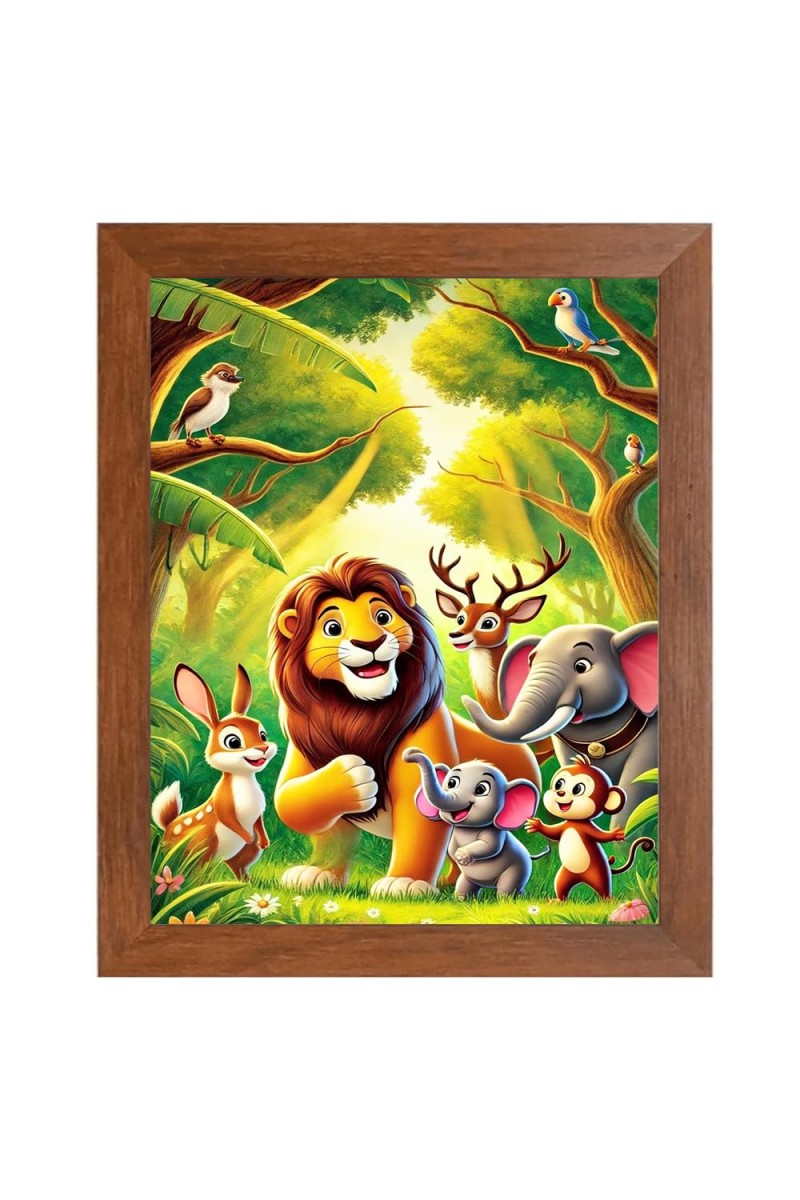 AI Funny Lion, Elephant, Birds Art Picture for Kids - 10x14 inches, Brown Color - Perfect Wall Decor for Children's Room