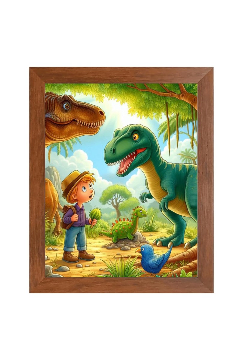 AI Funny Dinosaurs with kid Art Picture for Kids - 12x16 inches, Brown Color - Perfect Wall Decor for Children's Room