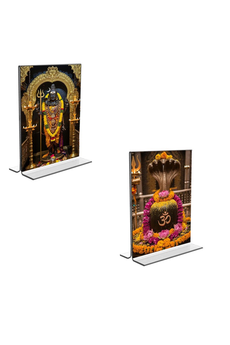 Car Desk/Table Top Lord Shiva & Shiva Lingam Acrylic T-Style Photo Stand - 2.5x3.5 Inches, Compact and Stylish Spiritual Display, easily change 2 photos (Pack of 1)