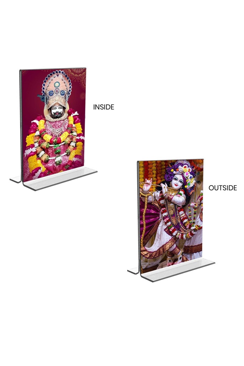 Lord Khatu shyam & Sri Krishna Acrylic T-Style Photo Stand - 11x13 Inches, Compact and Stylish Spiritual Display, easily change 2 photos (Pack of 1)