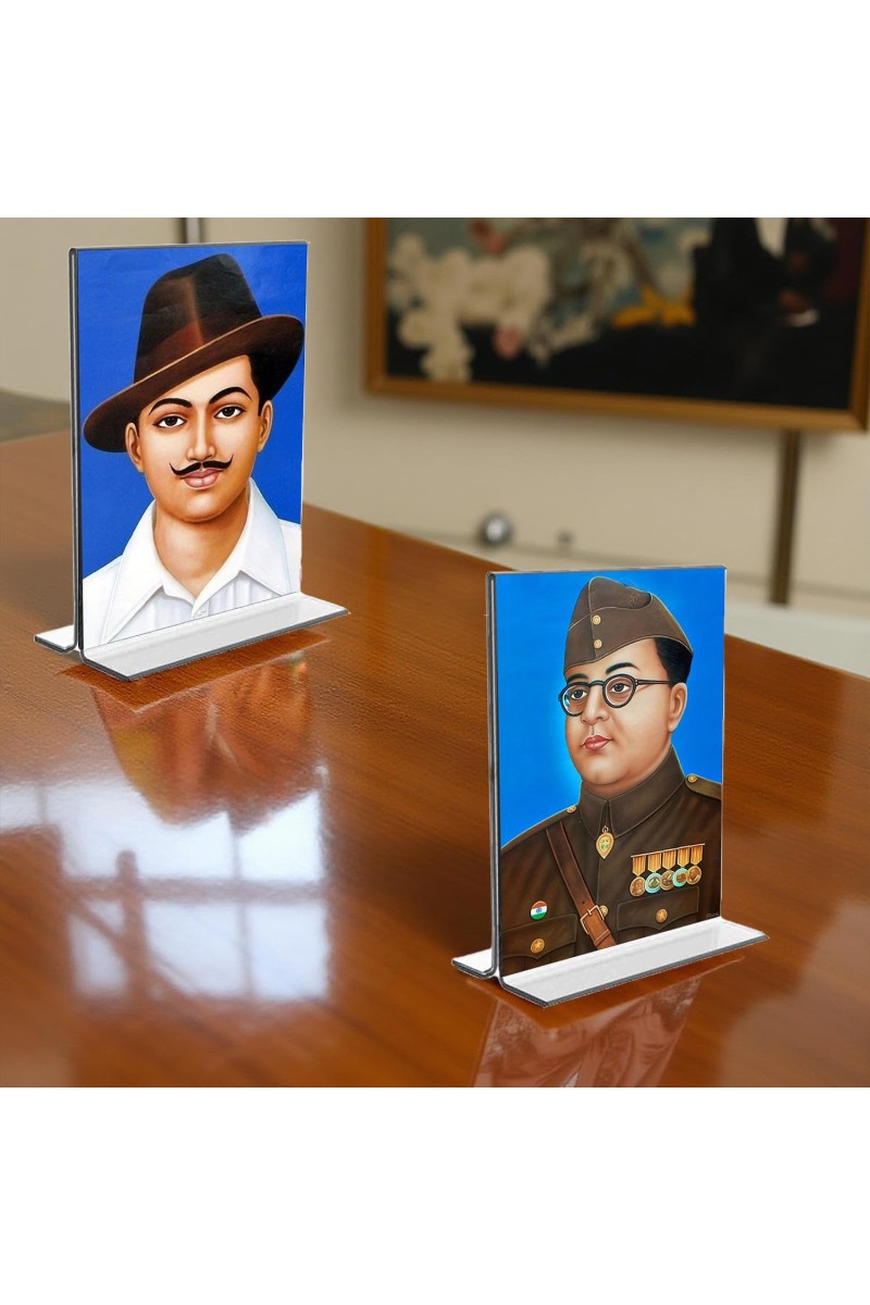 Sri Bhagat Singh & Netaji Subhas Chandra Bose Acrylic T-Style Photo Stand, Compact and Stylish Spiritual Display, easily change 2 photos (Pack of 1)