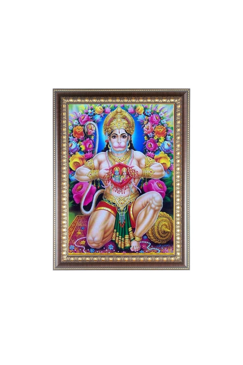 Sri Hanuman ji Tearing his Chest Showing shri ram and sita maa Photo Frame - 18x22 Inches, Brown Wooden Frame for Home, Office & Temple Decoration