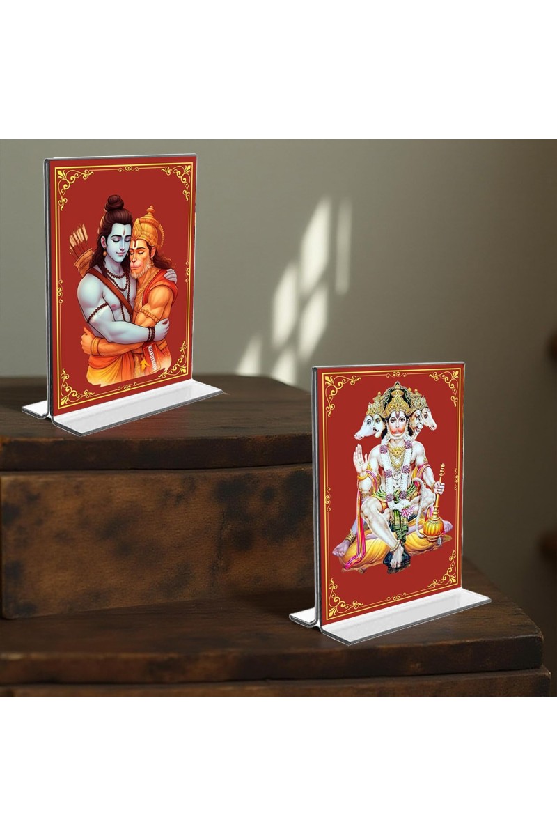 Sri Ram & cHanuman Acrylic T-Style Photo Stand, Compact and Stylish Spiritual Display, easily change 2 photos (Pack of 1)