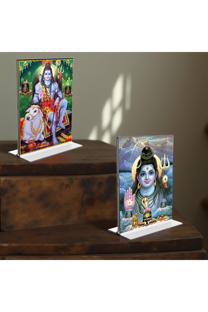 Lord Shiva Acrylic T-Style Photo Stand, Compact and Stylish Spiritual Display, easily change 2 photos (Pack of 1)