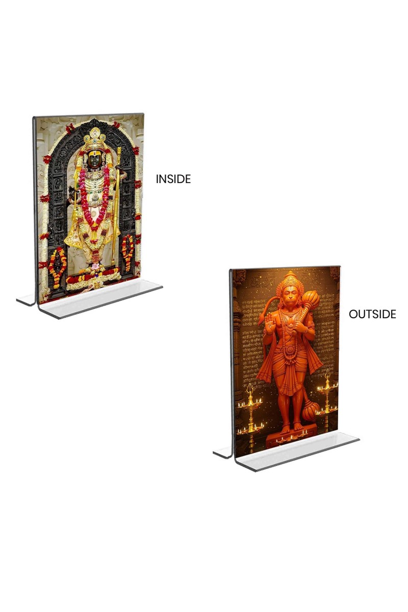 Sri Ram Lalla & Sri Hanuman Acrylic T-Style Photo Stand, Compact and Stylish Spiritual Display, easily change 2 photos (Pack of 1)