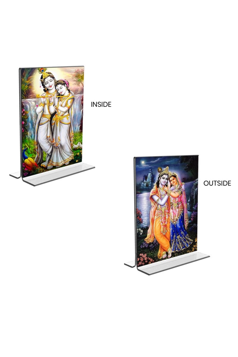 Sri Radha Sri Krishna Acrylic T-Style Photo Stand, Compact and Stylish Spiritual Display, easily change 2 photos (Pack of 1)