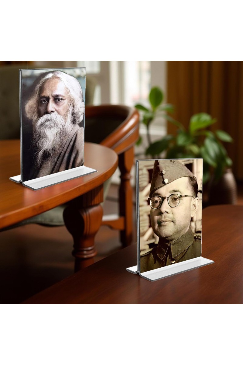Sri Rabindranath Tagore and Netaji Subhash Chandra Bose Acrylic T-Style Photo Stand - 9x11 Inches, Compact and Stylish Spiritual Display, easily change 2 photos (Pack of 1)