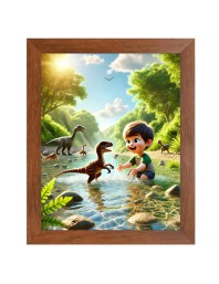 AI Funny cute baby boy with dinosaurs Art Picture for Kids - 16x20 inches, Brown Color - Perfect Wall Decor for Children's Room