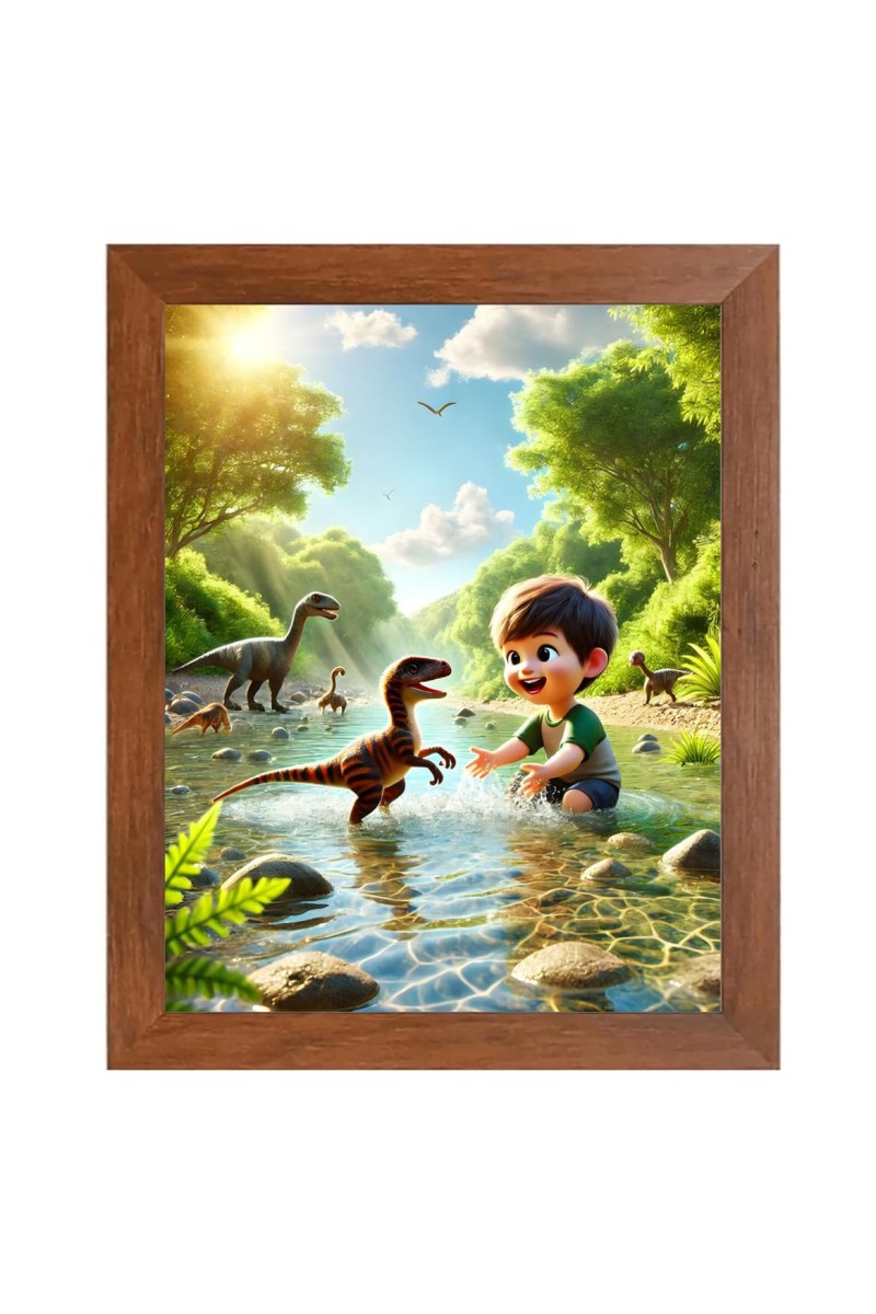 AI Funny cute baby boy with dinosaurs Art Picture for Kids - 16x20 inches, Brown Color - Perfect Wall Decor for Children's Room