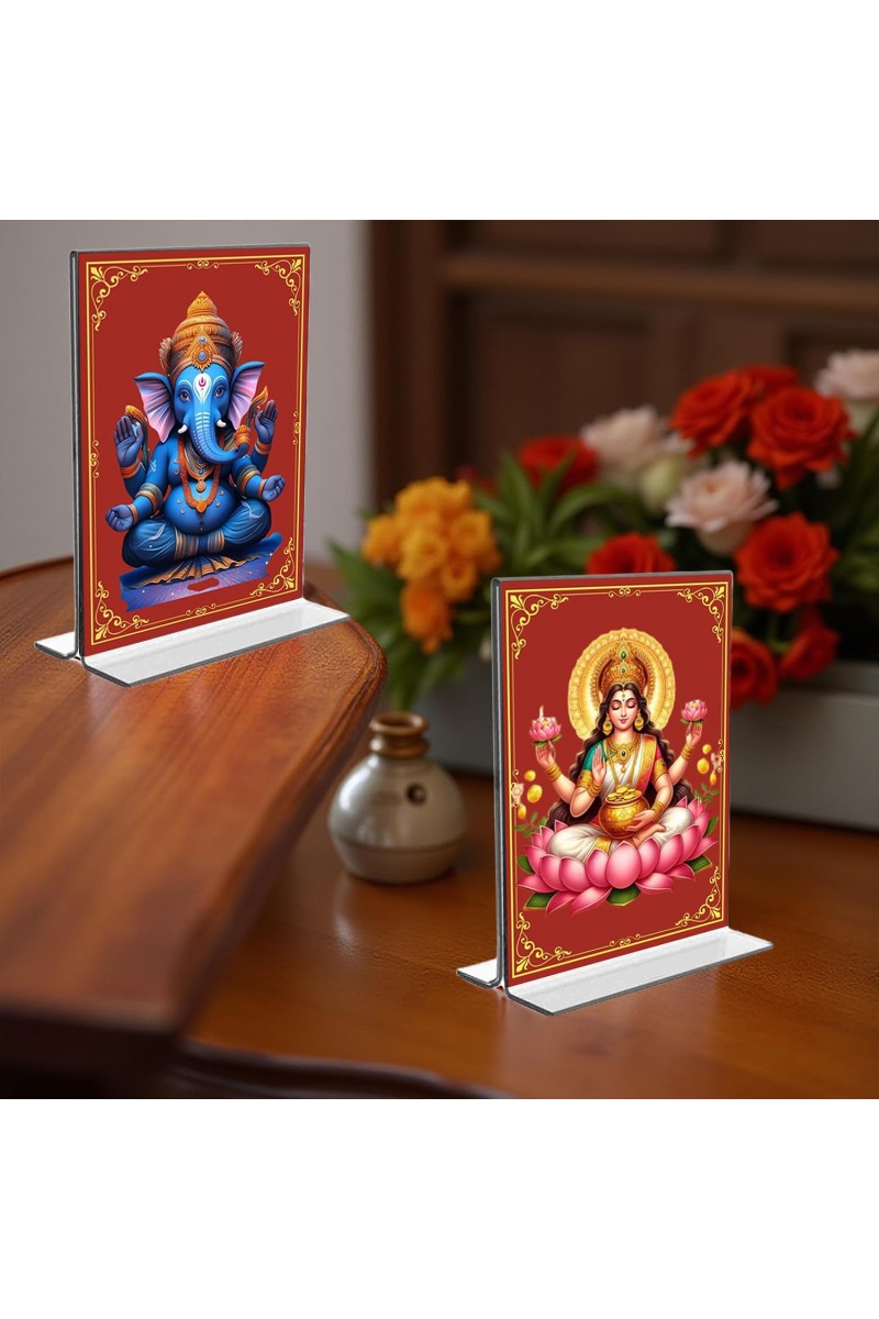 Sri Ganesh & Debi Lakshmi Acrylic T-Style Photo Stand, Compact and Stylish Spiritual Display, easily change 2 photos (Pack of 1)