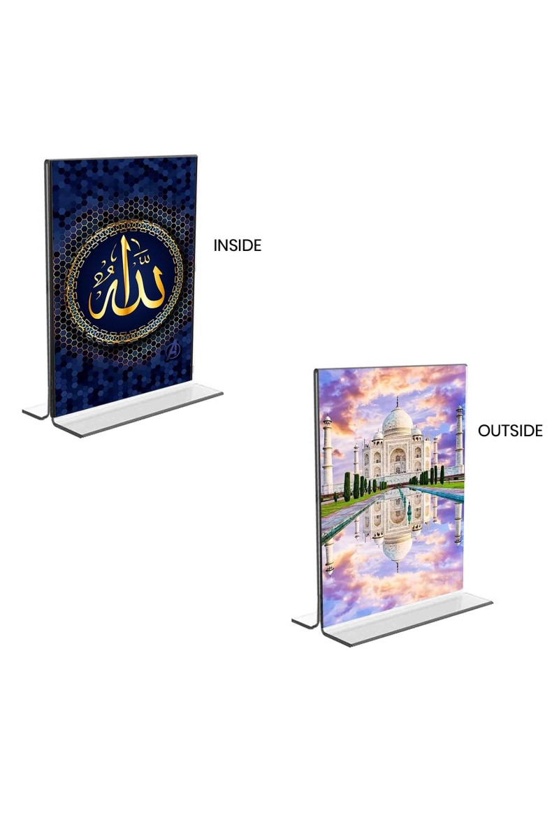 Taj Mahal Islamic Allah Acrylic T-Style Photo Stand, Compact and Stylish Spiritual Display, easily change 2 photos (Pack of 1)