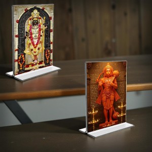 Sri Ram Lalla & Sri Hanuman Acrylic T-Style Photo Stand, Compact and Stylish Spiritual Display, easily change 2 photos (Pack of 1)