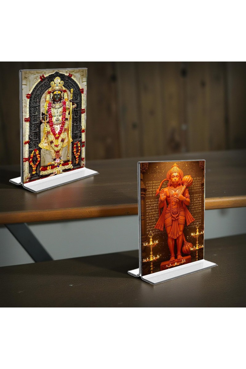Sri Ram Lalla & Sri Hanuman Acrylic T-Style Photo Stand, Compact and Stylish Spiritual Display, easily change 2 photos (Pack of 1)