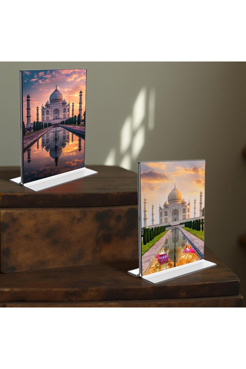Taj Mahal Acrylic T-Style Photo Stand, Compact and Stylish Spiritual Display, easily change 2 photos (Pack of 1)