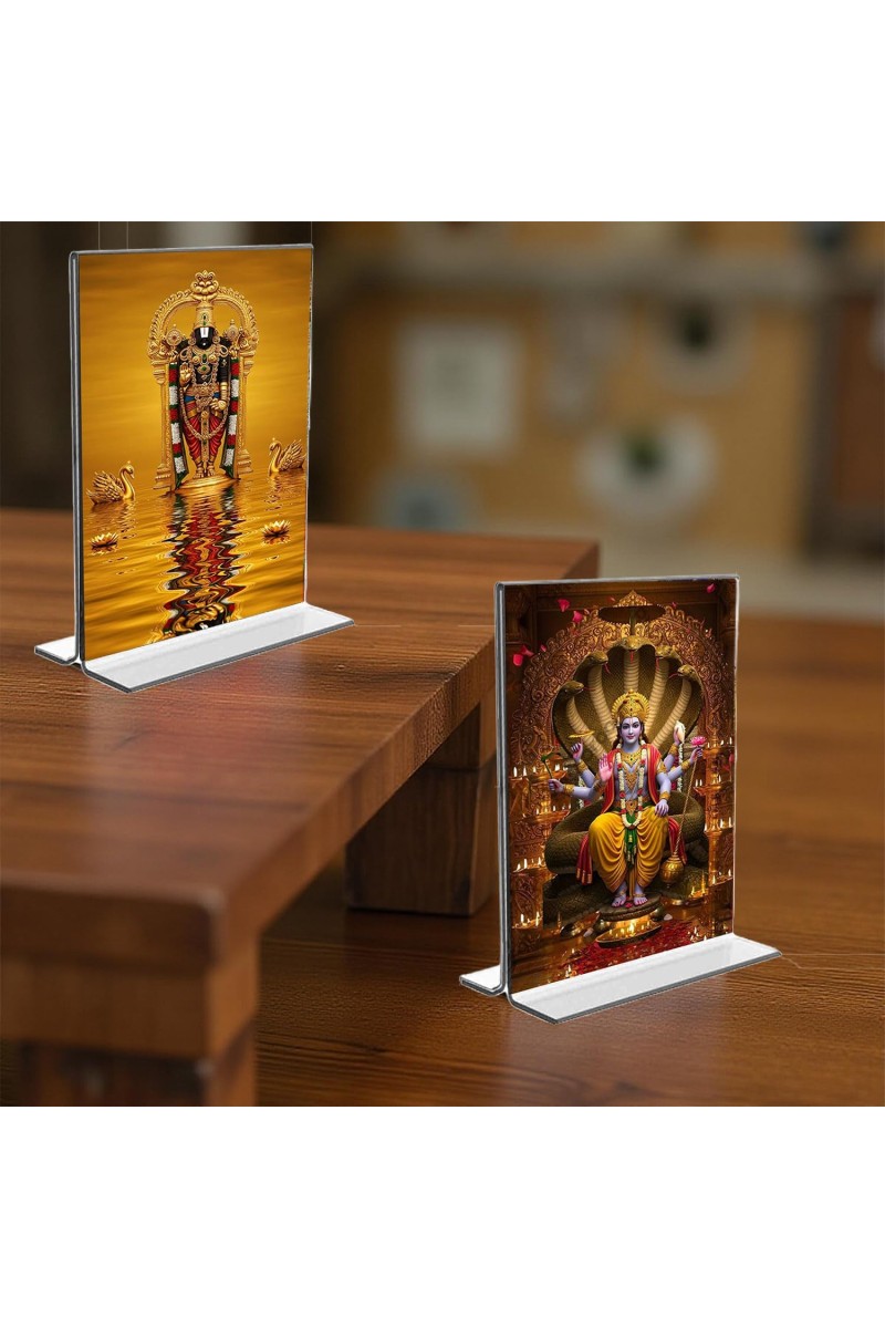 Lord Tirupati Balaji & Lord Vishnu Acrylic T-Style Photo Stand - 5x7 Inches, Compact and Stylish Spiritual Display, easily change 2 photos (Pack of 1)