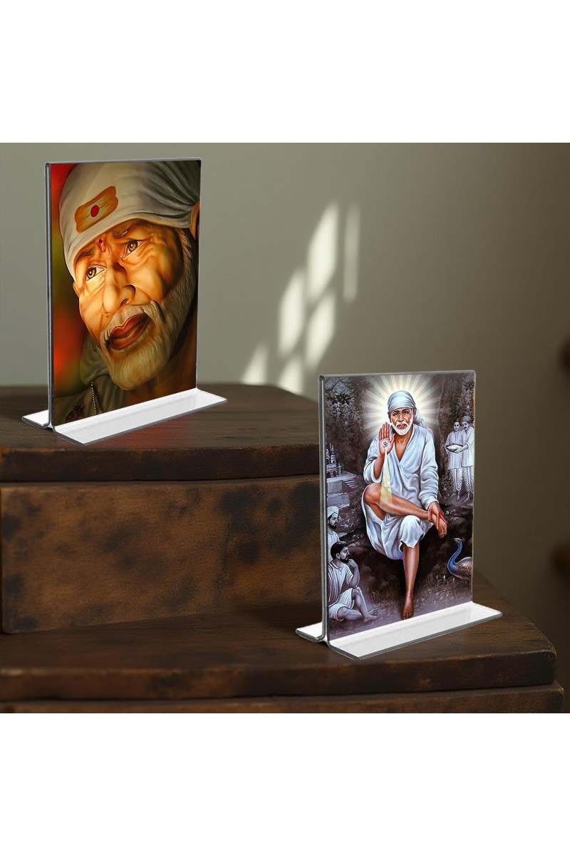Sai Baba Acrylic T-Style Photo Stand, Compact and Stylish Spiritual Display, easily change 2 photos (Pack of 1)