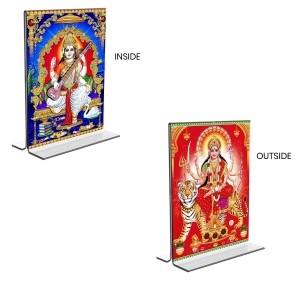 Debi Saraswati & Debi Durga Acrylic T-Style Photo Stand, Compact and Stylish Spiritual Display, easily change 2 photos (Pack of 1)