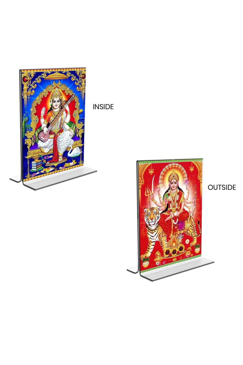 Debi Saraswati & Debi Durga Acrylic T-Style Photo Stand, Compact and Stylish Spiritual Display, easily change 2 photos (Pack of 1)