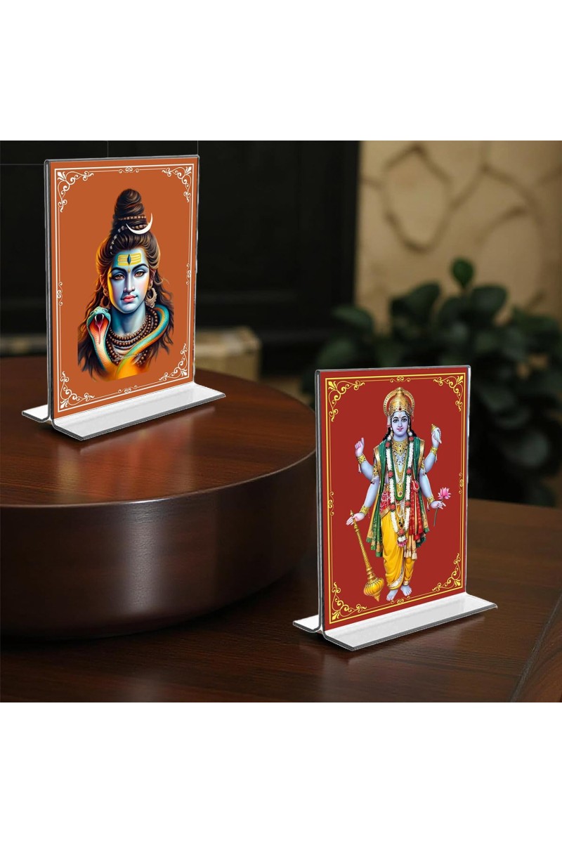 Lord Shiva & Lord Vishnu Acrylic T-Style Photo Stand, Compact and Stylish Spiritual Display, easily change 2 photos (Pack of 1)