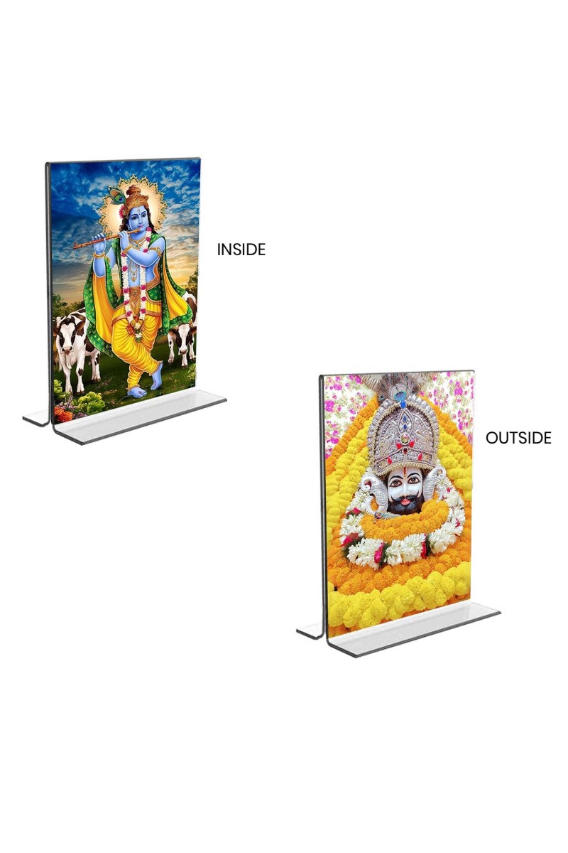 Lord Khatu shyam & Sri Krishna Acrylic T-Style Photo Stand - 7x9 Inches, Compact and Stylish Spiritual Display, easily change 2 photos (Pack of 1)