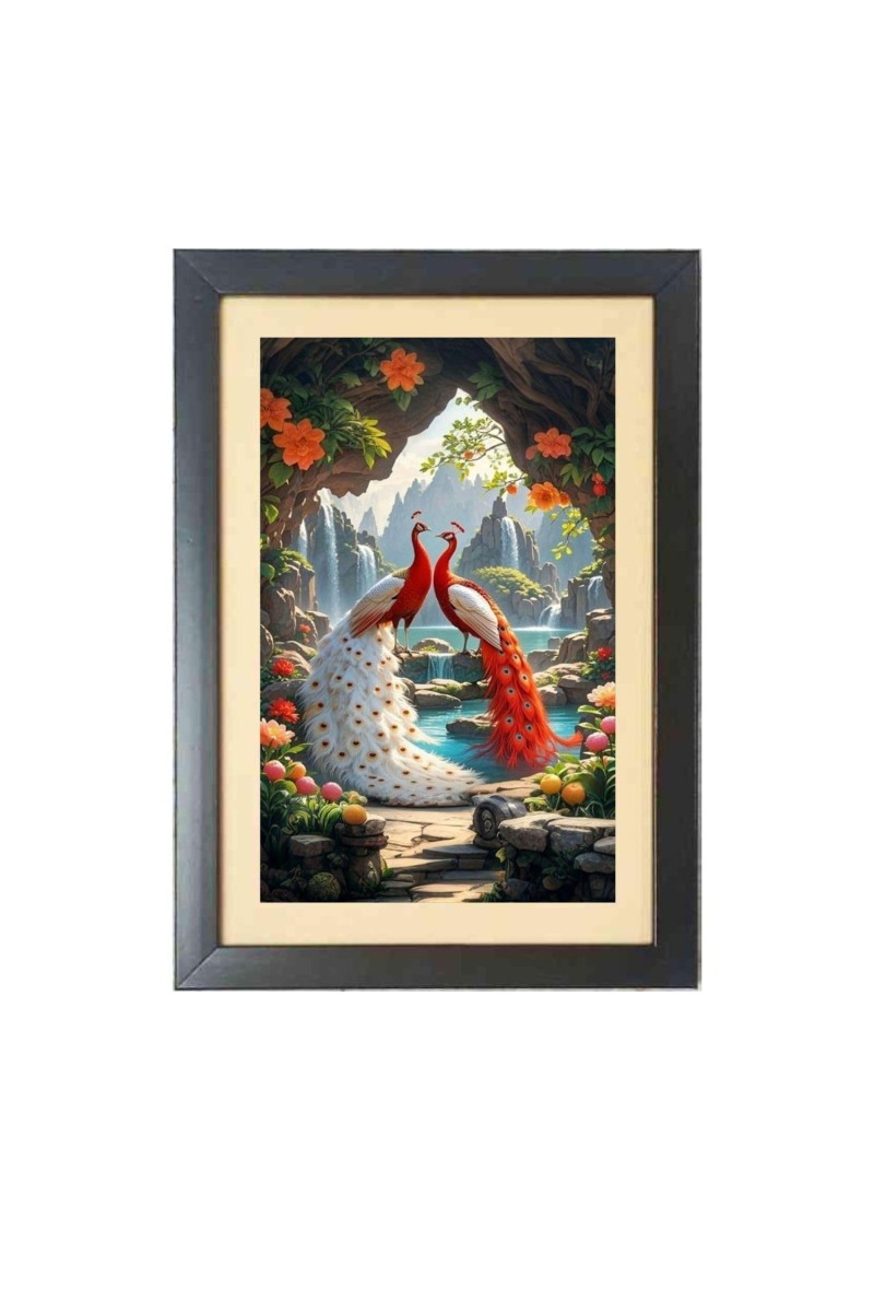 The orange color peacocks Photo Frame Funny Animal and Bird Cartoon Art, Black color, 15x19 Inch
