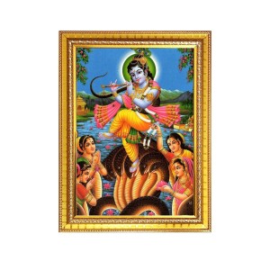 Bal Krishna Dancing On Kaliya Naag Photo Frame - 12x16 Inches, Brown Wooden Frame for Home, Office & Temple Decoration