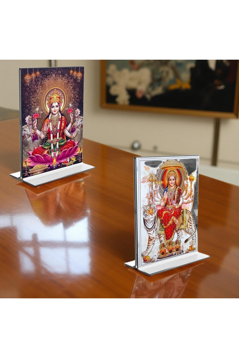 Debi Lakshmi & Debi Durga Acrylic T-Style Photo Stand, Compact and Stylish Spiritual Display, easily change 2 photos (Pack of 1)
