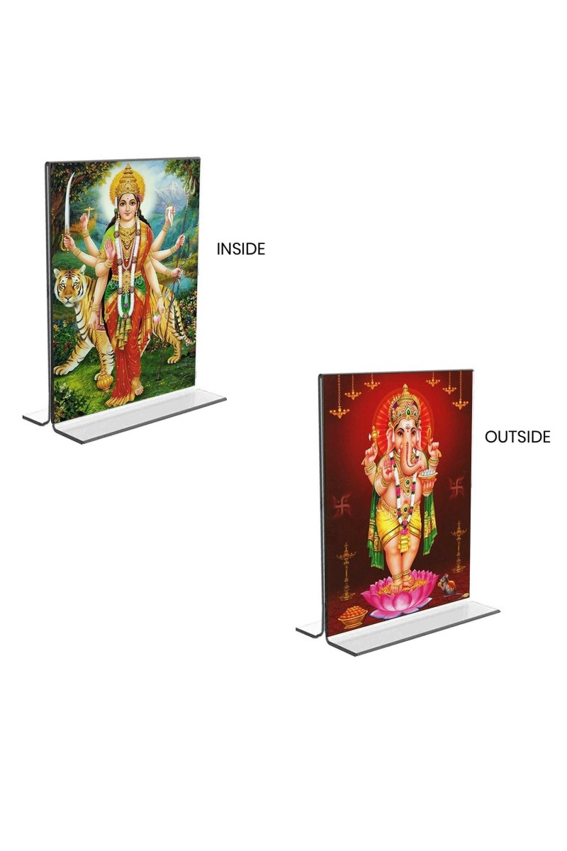 Lord Ganesh & Debi Durga Acrylic T-Style Photo Stand - 5x7 Inches, Compact and Stylish Spiritual Display, easily change 2 photos (Pack of 1)