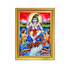 Bal Krishna Dancing On Kaliya Naag Photo Frame - 10x14 Inches, Brown Wooden Frame for Home, Office & Temple Decoration