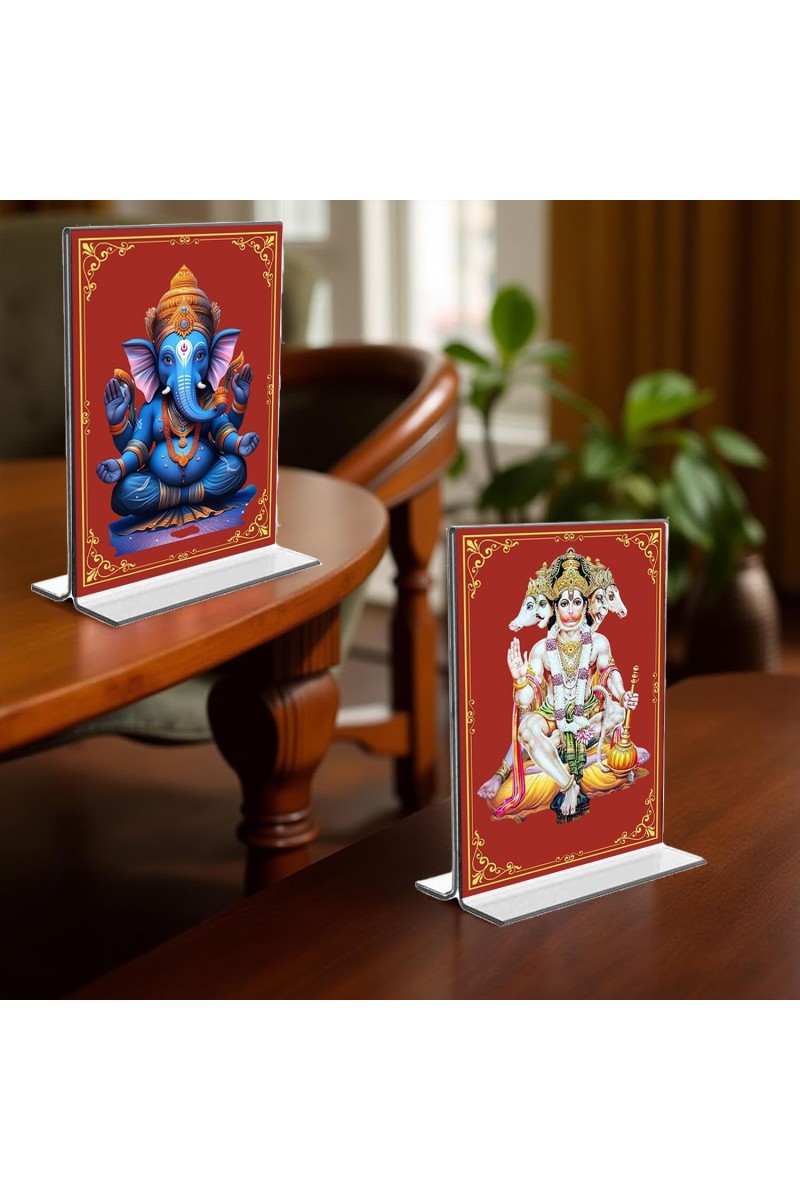 Sri Ganesh & Panchmukhi Hanuman Acrylic T-Style Photo Stand, Compact and Stylish Spiritual Display, easily change 2 photos (Pack of 1)