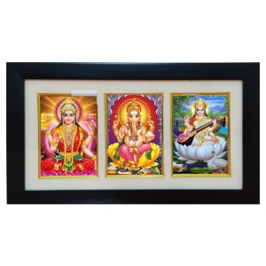 Hi tech Sales Dhan-laxmi, Ganesh, saraswati photo frame || synthetic photo Frame with Glass || Three Gods in Single Frame (Multicolor) for wall, living room, gifts, pooja