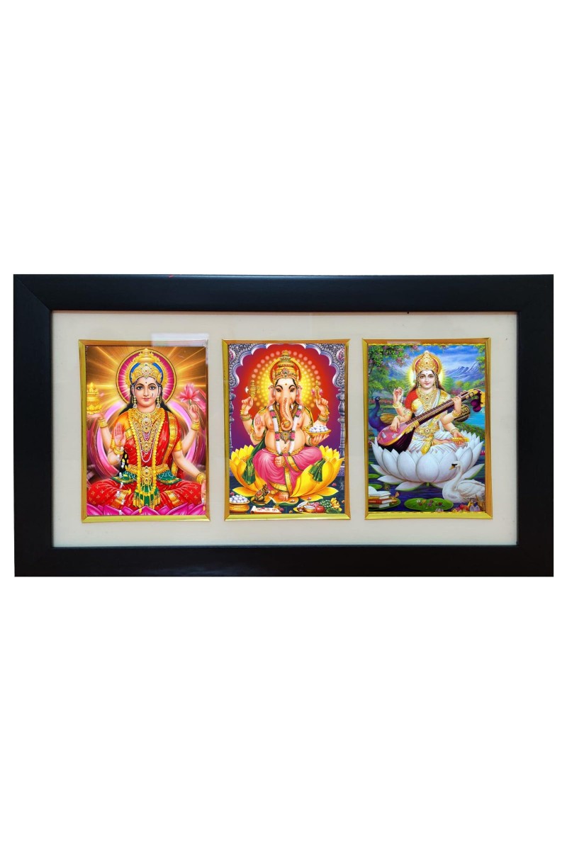 Hi tech Sales Dhan-laxmi, Ganesh, saraswati photo frame || synthetic photo Frame with Glass || Three Gods in Single Frame (Multicolor) for wall, living room, gifts, pooja