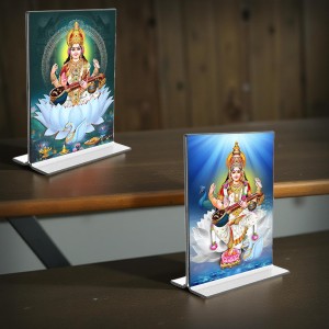 Car Desk/Table Top Maa Saraswati Acrylic T-Style Photo Stand - 2.5x3.5 Inches, Compact and Stylish Spiritual Display, easily change 2 photos (Pack of 1)