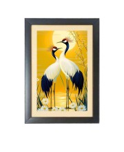 Two birds standing next to each other infront of the sun and water with daisies Black Photo Frame Funny Animal and Bird Cartoon Art