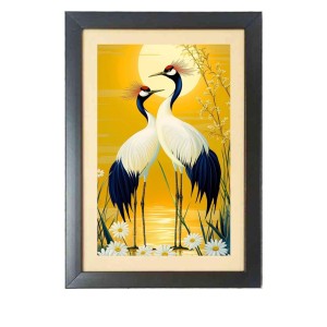 Two birds standing next to each other infront of the sun and water with daisies Black Photo Frame Funny Animal and Bird Cartoon Art