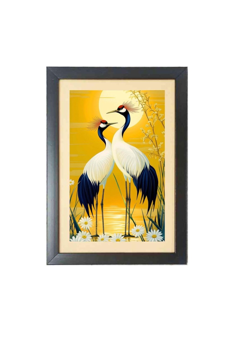 Two birds standing next to each other infront of the sun and water with daisies Black Photo Frame Funny Animal and Bird Cartoon Art