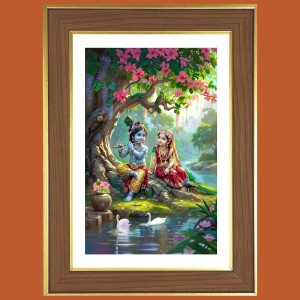 Baby krishna and radha Photo Frame - 12x16 Inches, Brown Wooden Frame for Home, Office & Temple Decoration