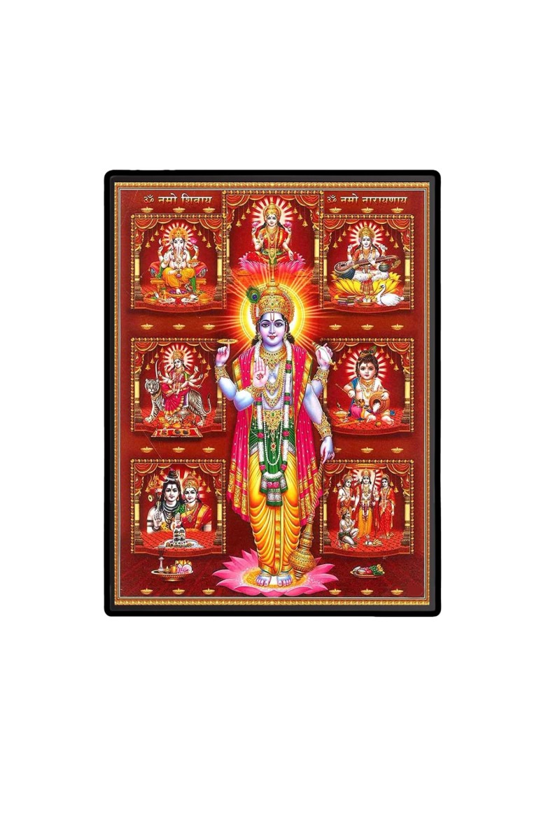 Vishnu with Krishna, Ganesh, Shiva, Sarawati, Ram and Durga Laminated Photo - 5x7 Inches, Divine Blessings for Home & Office and Temple Decoration