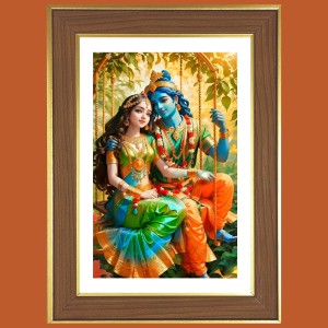Radha and Sri Krishna Photo Frame - 10x14 Inches, Brown Wooden Frame for Home, Office & Temple Decoration