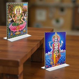 Lord Vishnu & Debi Lakhsmi Acrylic T-Style Photo Stand, Compact and Stylish Spiritual Display, easily change 2 photos (Pack of 1)